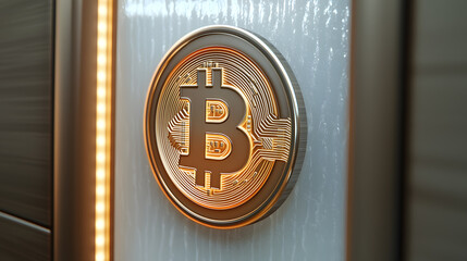 Poster - Floating bitcoin symbol digital economy stock image virtual technology close-up cryptocurrency concept