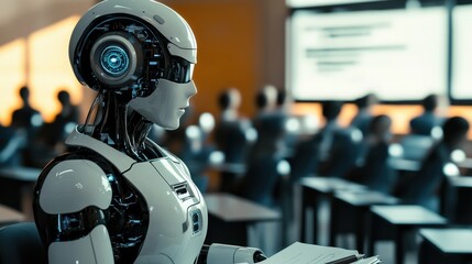 Poster - A humanoid android teacher conducting a lesson in a futuristic classroom, symbolizing AI in education