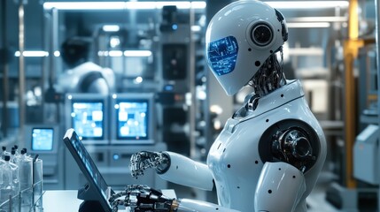Poster - A hyper-realistic humanoid robot working alongside humans in a high-tech laboratory, representing AI-driven automation.