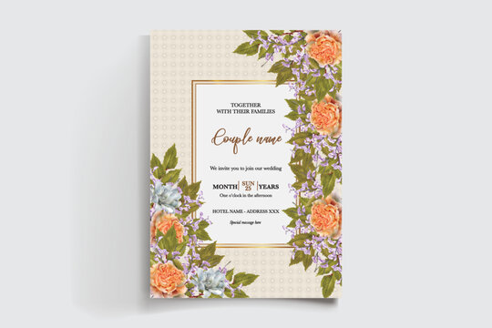 WEDDING INVITATION FRAME WITH FLOWER DECORATIONS AND FRESH LEAVES