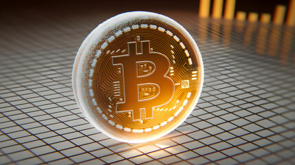 Poster - Floating bitcoin icon representing decentralized finance digital space 3d render futuristic environment close-up cryptocurrency concept