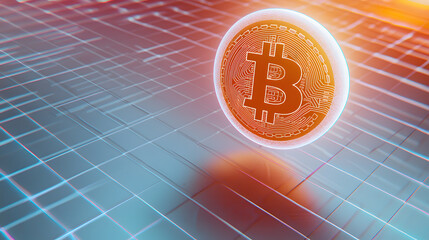 Poster - Floating bitcoin icon representing digital currency virtual environment 3d graphic futuristic technology concept