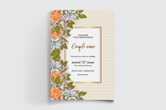 WEDDING INVITATION FRAME WITH FLOWER DECORATIONS AND FRESH LEAVES