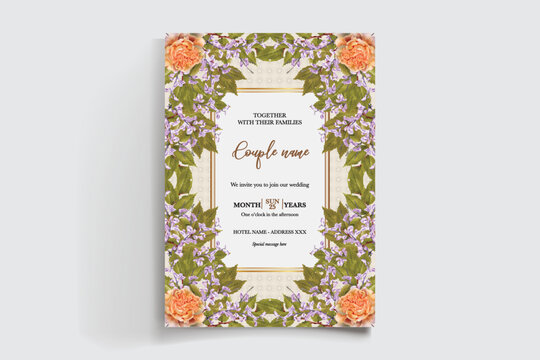 WEDDING INVITATION FRAME WITH FLOWER DECORATIONS AND FRESH LEAVES