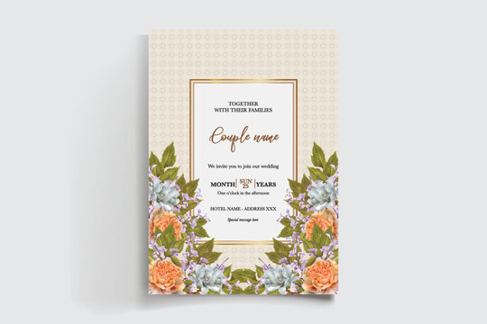 WEDDING INVITATION FRAME WITH FLOWER DECORATIONS AND FRESH LEAVES