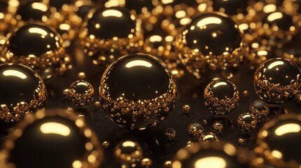Poster - A luxurious golden bubble pattern with metallic spheres reflecting light on a dark surface