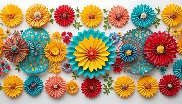 Colorful papel picado banner, intricate floral designs, yellow, teal, red, festive Mexican decoration