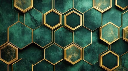 Poster - A luxurious green geometric background with gold-outlined hexagons on a velvet-like texture