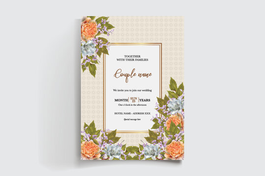 WEDDING INVITATION FRAME WITH FLOWER DECORATIONS AND FRESH LEAVES
