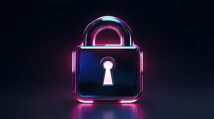 Poster - Digital lock icon in neon glow online security theme graphic art dark background centered view modern concept
