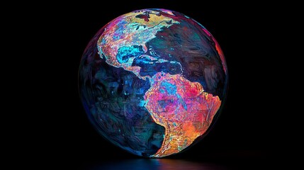 Poster - Vibrant Colorful Earth Globe Digital Art Abstract World Map Neon Hues Futuristic Technology Global Network Connection Illustration Design Graphic     