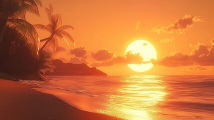 Wall Mural - Tropical beach sunset with palm trees, golden sky, and ocean waves. Ideal for travel blogs, vacation ads, or calming background themes.