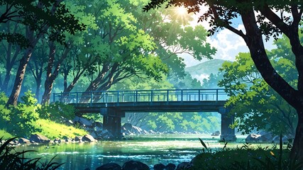 Poster - a serene landscape featuring a bridge over a calm river. The sun shines through lush green trees, creating a picturesque scene