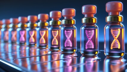 Poster - a row of vials containing DNA strands. This image represents the future of medicine and genetic research
