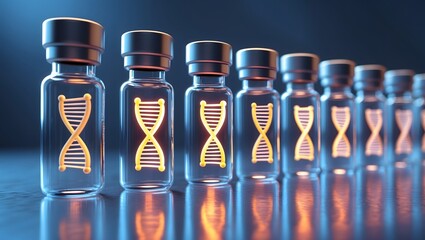 Poster - DNA strands inside glass vials, aligned in a row, glowing softly against a dark background 