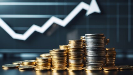 Poster - a coin stack in a row with a financial graph indicating upward movement