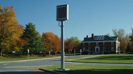 Poster - Solar-powered traffic signal in a quiet town intersection, demonstrating sustainable civic infrastructure, no people