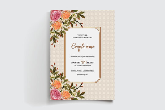 WEDDING INVITATION FRAME WITH FLOWER DECORATIONS AND FRESH LEAVES