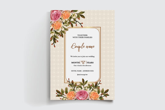 WEDDING INVITATION FRAME WITH FLOWER DECORATIONS AND FRESH LEAVES