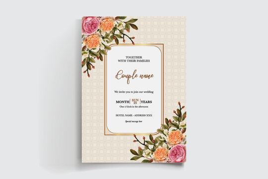 WEDDING INVITATION FRAME WITH FLOWER DECORATIONS AND FRESH LEAVES