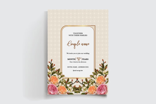 WEDDING INVITATION FRAME WITH FLOWER DECORATIONS AND FRESH LEAVES