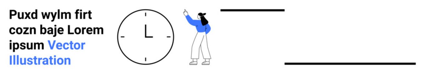 Poster - Woman gesturing towards a minimalist clock, highlighting focus on time management and planning. Ideal for time tracking, efficiency, deadlines, project management, task scheduling, productivity tips