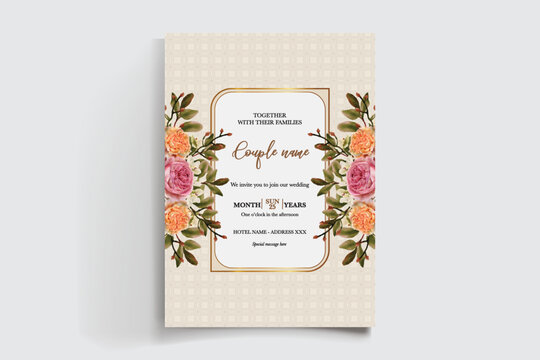 WEDDING INVITATION FRAME WITH FLOWER DECORATIONS AND FRESH LEAVES