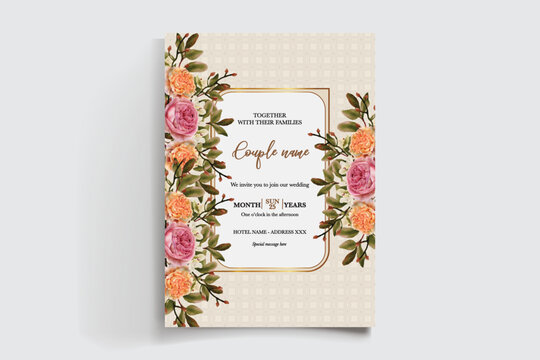 WEDDING INVITATION FRAME WITH FLOWER DECORATIONS AND FRESH LEAVES