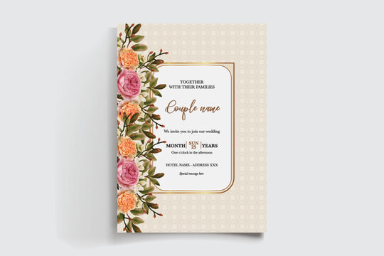 WEDDING INVITATION FRAME WITH FLOWER DECORATIONS AND FRESH LEAVES