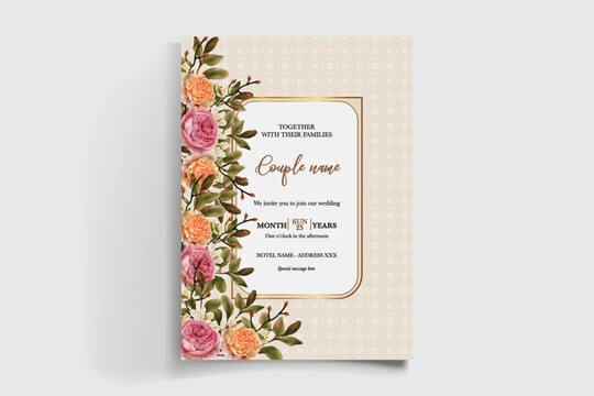 WEDDING INVITATION FRAME WITH FLOWER DECORATIONS AND FRESH LEAVES