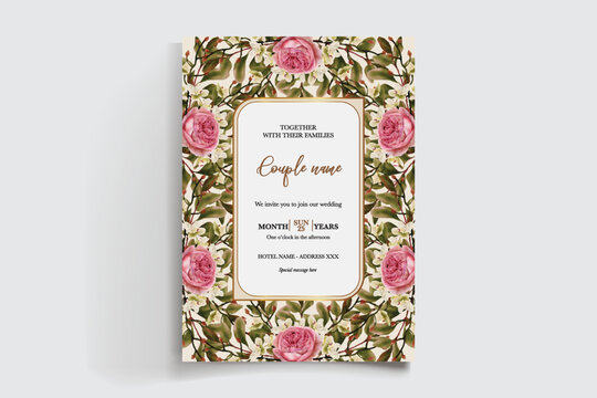 WEDDING INVITATION FRAME WITH FLOWER DECORATIONS AND FRESH LEAVES