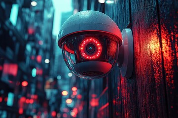 Poster - CCTV surveillance camera in an urban setting with neon lights at night