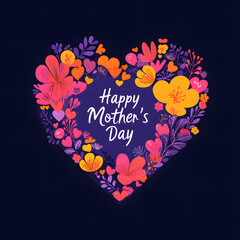  A heart-shaped floral arrangement with colorful flowers and leaves on a dark navy background, featuring elegant 'Happy Mother's Day' text in the center
