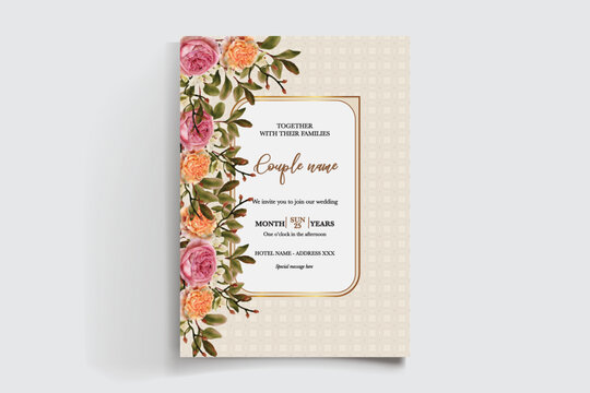 WEDDING INVITATION FRAME WITH FLOWER DECORATIONS AND FRESH LEAVES