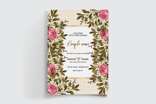 WEDDING INVITATION FRAME WITH FLOWER DECORATIONS AND FRESH LEAVES
