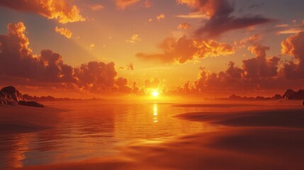 Wall Mural - ocean sunset glows orange with clouds and a reflective sea. use this for travel, relaxing, or for a 