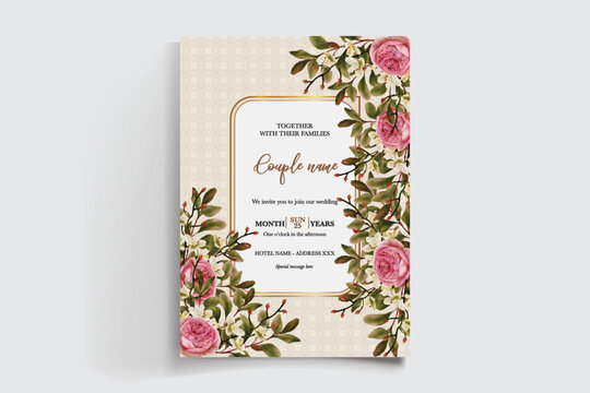 WEDDING INVITATION FRAME WITH FLOWER DECORATIONS AND FRESH LEAVES