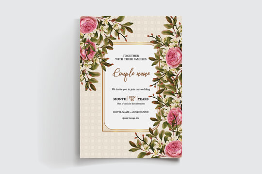 WEDDING INVITATION FRAME WITH FLOWER DECORATIONS AND FRESH LEAVES