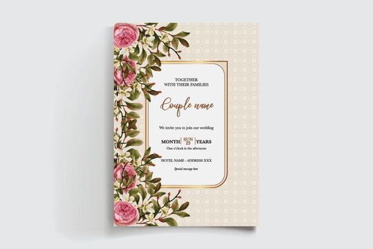 WEDDING INVITATION FRAME WITH FLOWER DECORATIONS AND FRESH LEAVES
