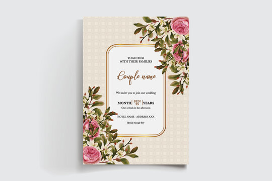 WEDDING INVITATION FRAME WITH FLOWER DECORATIONS AND FRESH LEAVES