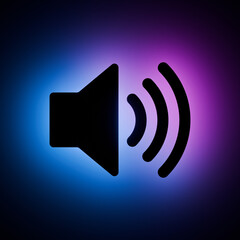 Poster - speaker volume icon with blue and purple neon light on dark background.