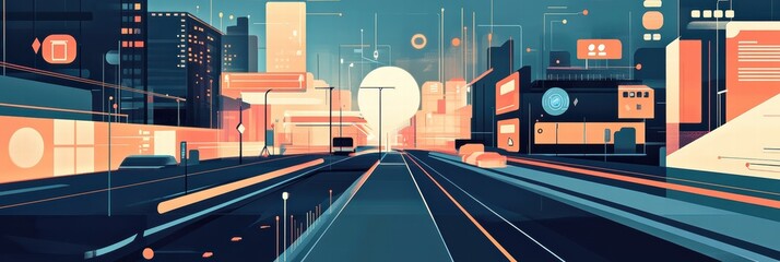 Poster - Urban digital landscape showcasing modern advertising and graphic design elements at sunset