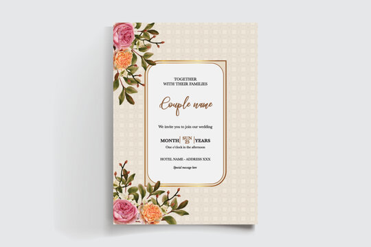 WEDDING INVITATION FRAME WITH FLOWER DECORATIONS AND FRESH LEAVES