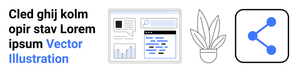 Analytics dashboard alongside a potted plant and a social media sharing icon. Ideal for business, marketing, technology, data science, teamwork, social media, flat landing page banner