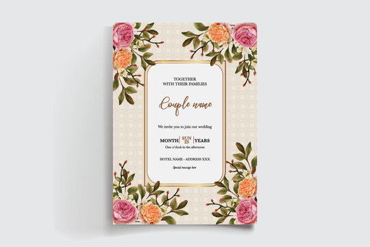 WEDDING INVITATION FRAME WITH FLOWER DECORATIONS AND FRESH LEAVES