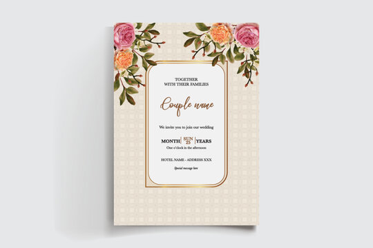 WEDDING INVITATION FRAME WITH FLOWER DECORATIONS AND FRESH LEAVES