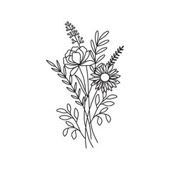  Flower bouquet vector. Hand drawn flower. Wildflower line art bouquets, wild plant, botanical vector illustration