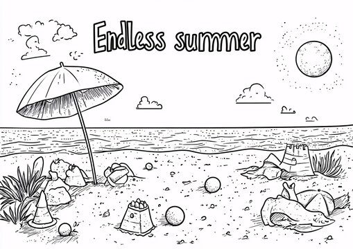 Hand drawn doodle sketch of sun, tropical palm tree, beach umbrella, ball, starfishes, womens floppy straw hat, beach bag. Lettering Summertime. Holiday vacation illustration, cute flat vector