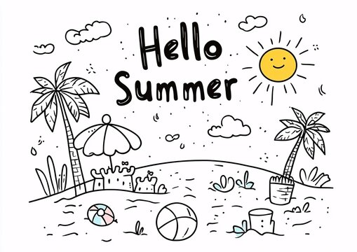 Hand drawn doodle sketch of sun, tropical palm tree, beach umbrella, ball, starfishes, womens floppy straw hat, beach bag. Lettering Summertime. Holiday vacation illustration, cute flat vector