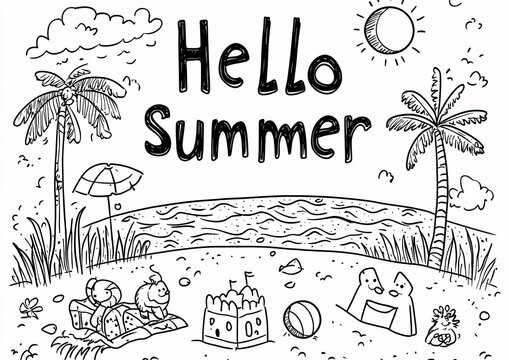 Hand drawn doodle sketch of sun, tropical palm tree, beach umbrella, ball, starfishes, womens floppy straw hat, beach bag. Lettering Summertime. Holiday vacation illustration, cute flat vector